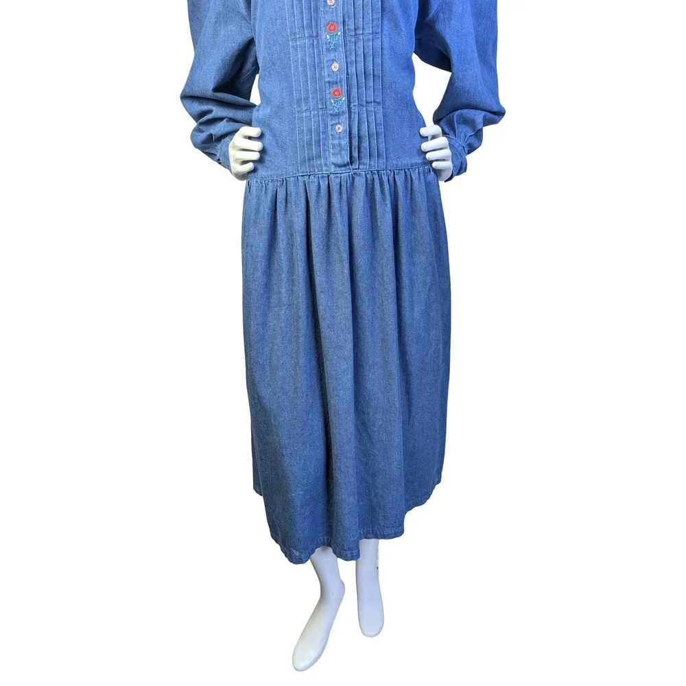 Vintage 90s Eddie Bauer Denim Prairie Dress Embroidered Florals | Fits M/L - Picture 5 of 11